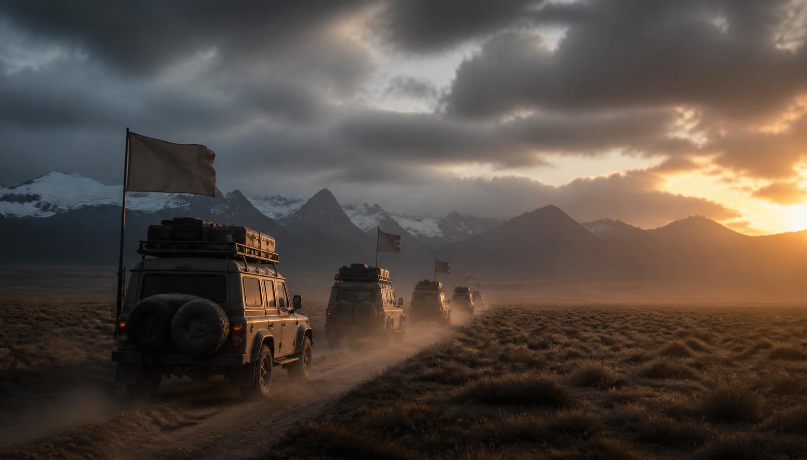 An orderly line of expedition 4x4 vehicles crossing the Patagonian plain toward dark mountains at low sun, expedition flags in the wind